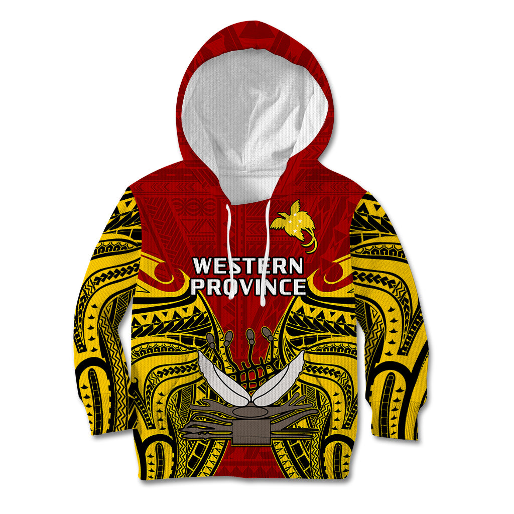 (Custom Personalised) Papua New Guinea Kid Hoodie Western Province Mix Coat Of Arms Polynesian Art LT14 Red - Polynesian Pride