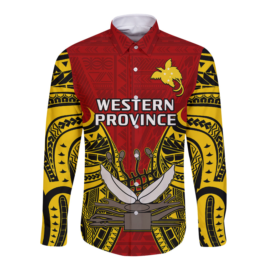 (Custom Personalised) Papua New Guinea Long Sleeve Button Shirt Western Province Mix Coat Of Arms Polynesian Art LT14 Unisex Red - Polynesian Pride