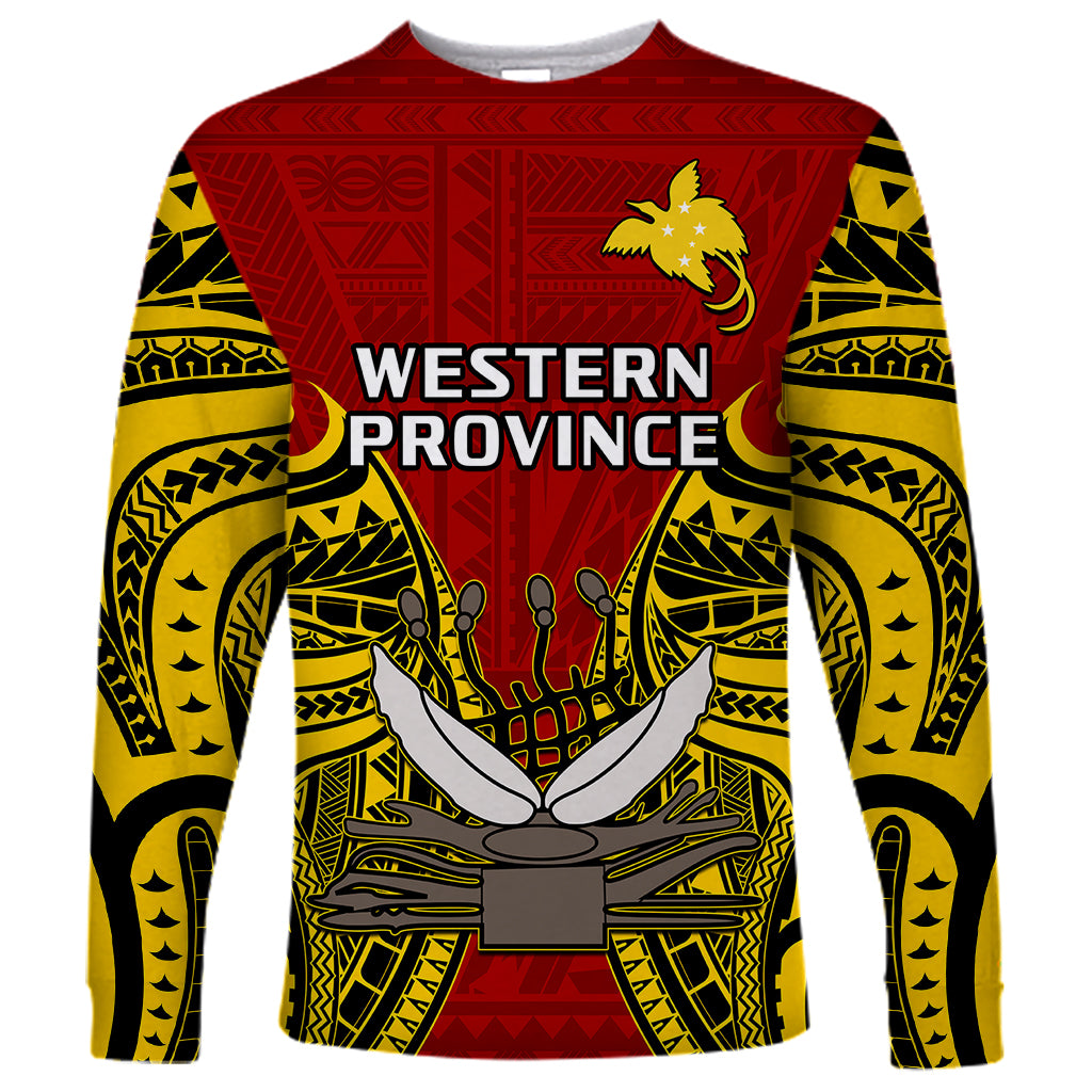 (Custom Personalised) Papua New Guinea Long Sleeve Shirt Western Province Mix Coat Of Arms Polynesian Art LT14 Unisex Red - Polynesian Pride