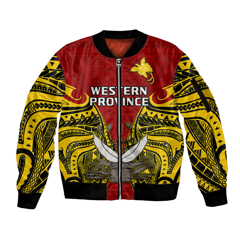 (Custom Personalised) Papua New Guinea Sleeve Zip Bomber Jacket Western Province Mix Coat Of Arms Polynesian Art LT14 Unisex Red - Polynesian Pride