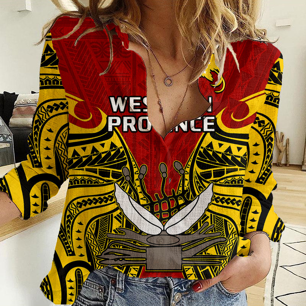 (Custom Personalised) Papua New Guinea Women Casual Shirt Western Province Mix Coat Of Arms Polynesian Art LT14 Female Red - Polynesian Pride