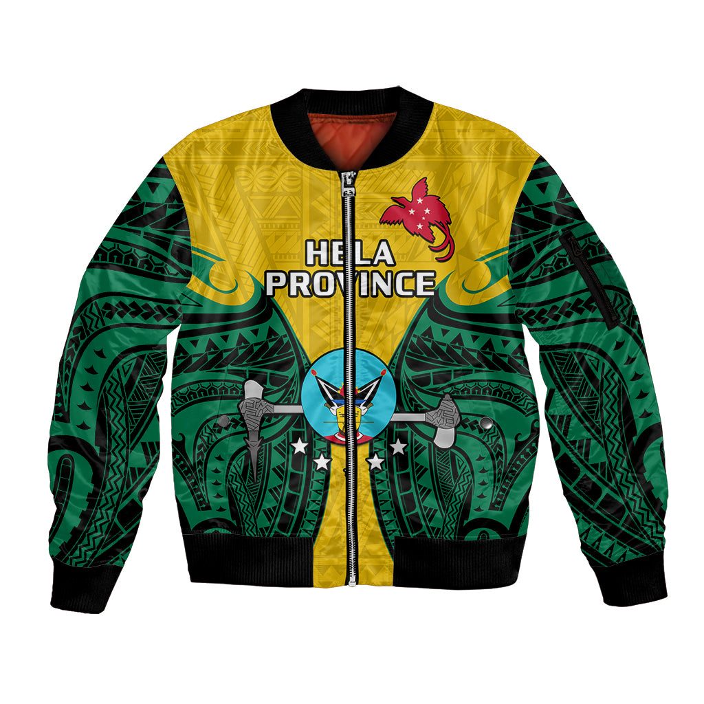 Papua New Guinea Sleeve Zip Bomber Jacket Hela Province Mix Coat Of Arms Polynesian Art LT14 Unisex Yellow - Polynesian Pride