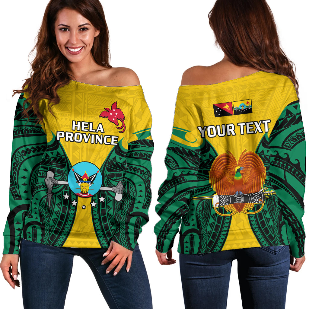 (Custom Personalised) Papua New Guinea Off Shoulder Sweater Hela Province Mix Coat Of Arms Polynesian Art LT14 Women Yellow - Polynesian Pride