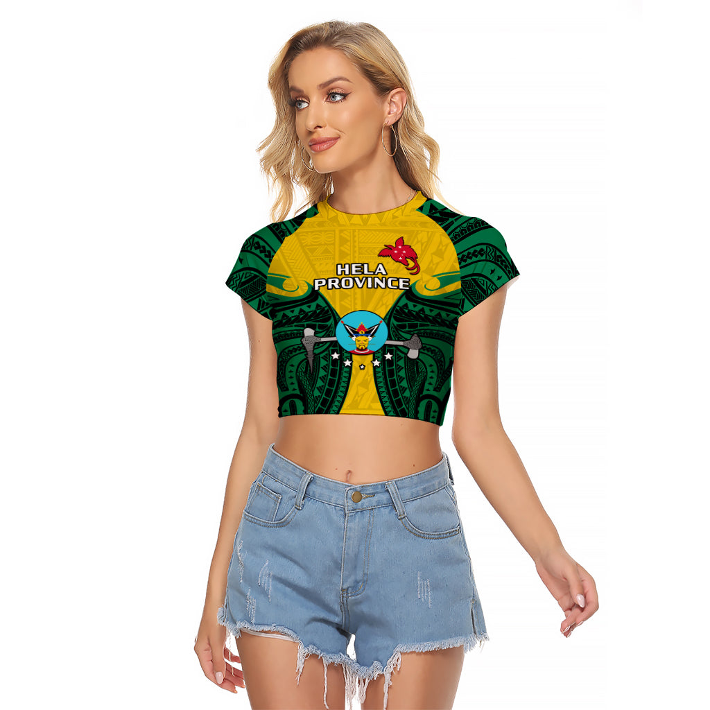 (Custom Personalised) Papua New Guinea Raglan Cropped T Shirt Hela Province Mix Coat Of Arms Polynesian Art LT14 Female Yellow - Polynesian Pride