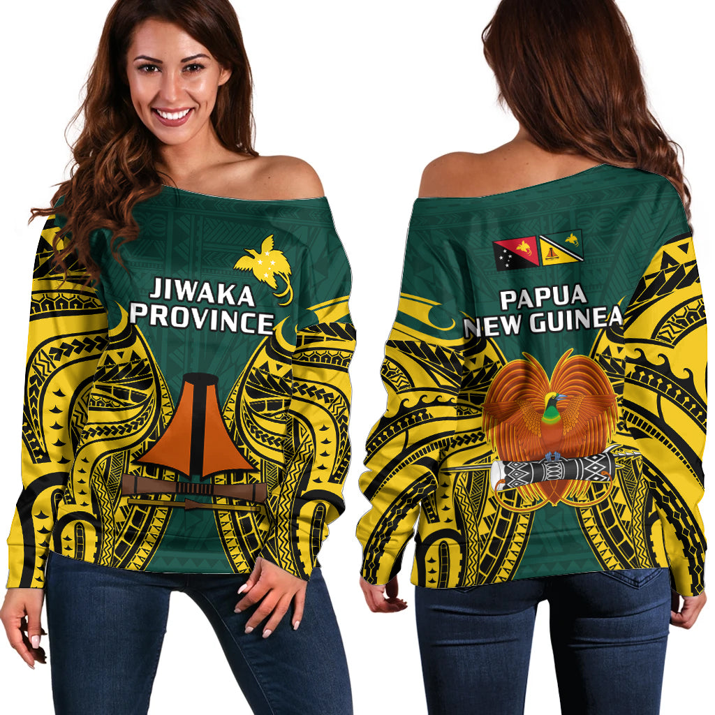 Papua New Guinea Off Shoulder Sweater Jiwaka Province Mix Coat Of Arms Polynesian Art LT14 Women Green - Polynesian Pride