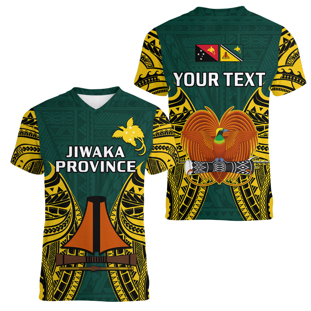 (Custom Personalised) Papua New Guinea Women V Neck T Shirt Jiwaka Province Mix Coat Of Arms Polynesian Art LT14 Female Green - Polynesian Pride