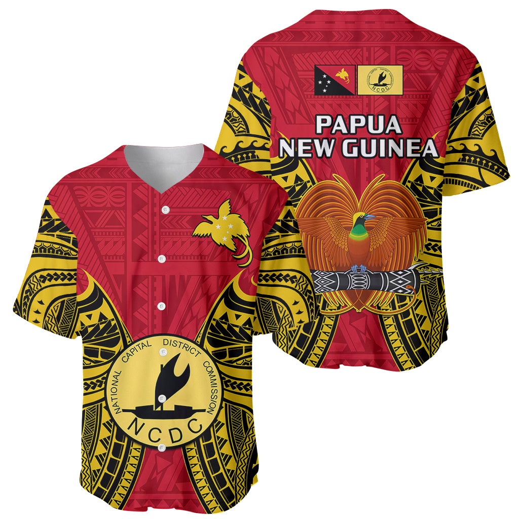 Papua New Guinea Baseball Jersey National Capital District Mix Coat Of Arms Polynesian Art LT14 Red - Polynesian Pride