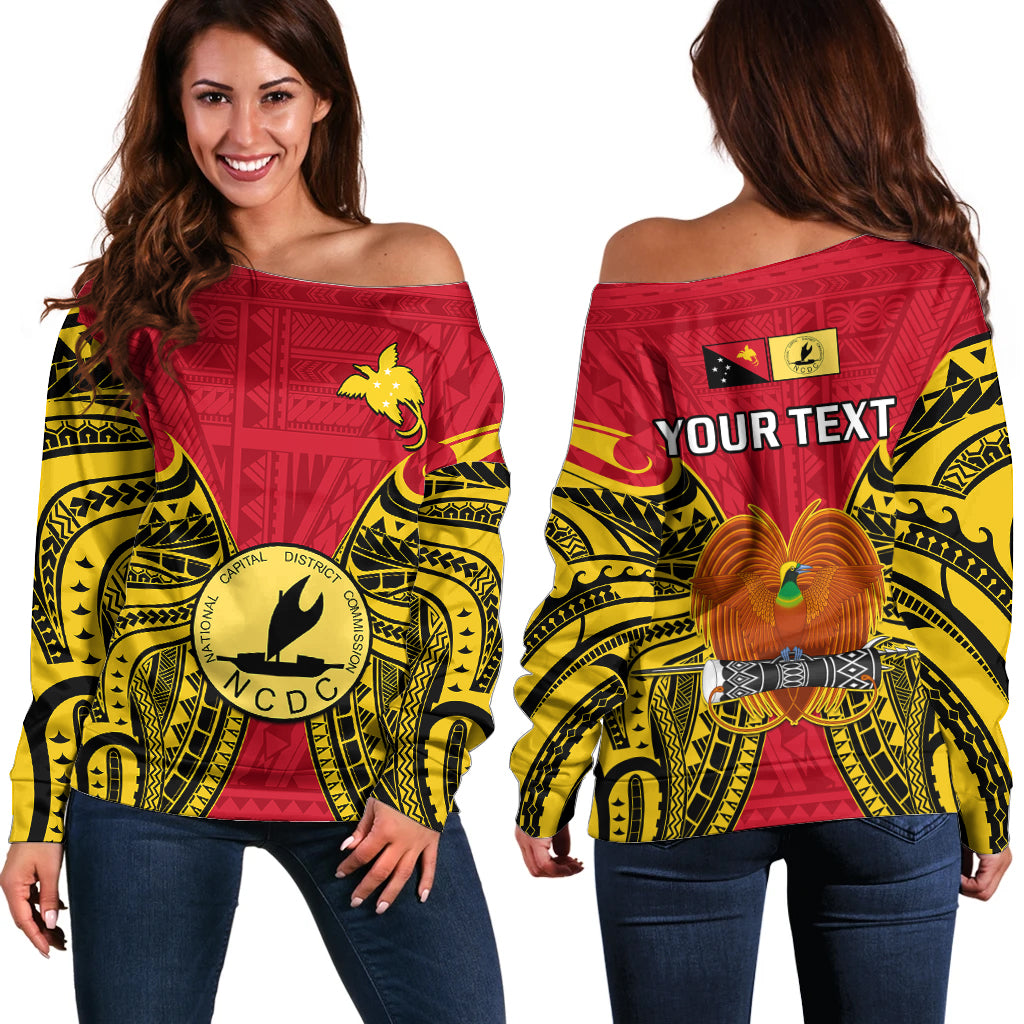 (Custom Personalised) Papua New Guinea Off Shoulder Sweater National Capital District Mix Coat Of Arms Polynesian Art LT14 Women Red - Polynesian Pride