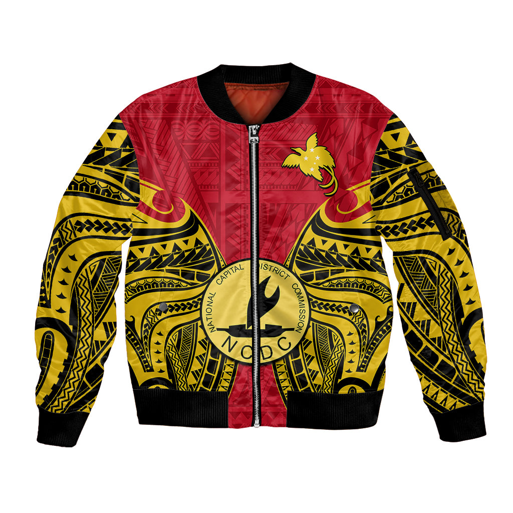 (Custom Personalised) Papua New Guinea Sleeve Zip Bomber Jacket National Capital District Mix Coat Of Arms Polynesian Art LT14 Unisex Red - Polynesian Pride