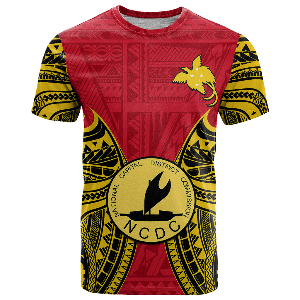 Custom Papua New Guinea T Shirt National Capital District Mix Coat of Arms Polynesian Art LT14 Red - Polynesian Pride