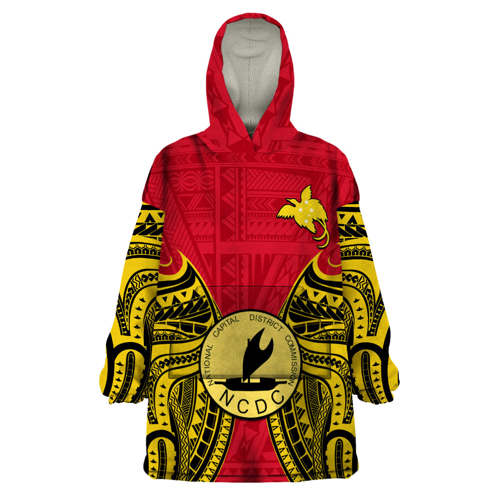 (Custom Personalised) Papua New Guinea Wearable Blanket Hoodie National Capital District Mix Coat Of Arms Polynesian Art LT14 One Size Red - Polynesian Pride