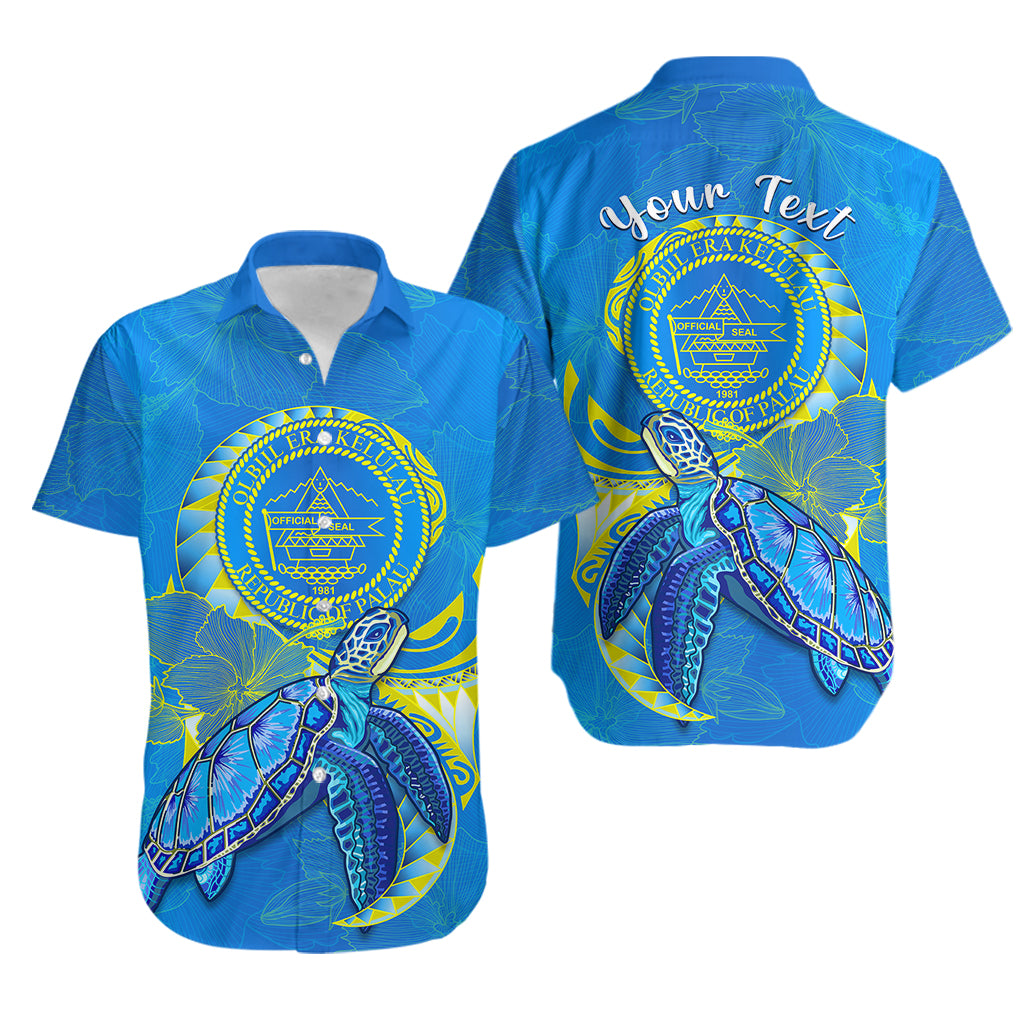 (Custom Personalised) Palau Hawaiian Shirt Hibiscus Turtle Mix Coat Of Arms Blue Version LT14 Blue - Polynesian Pride
