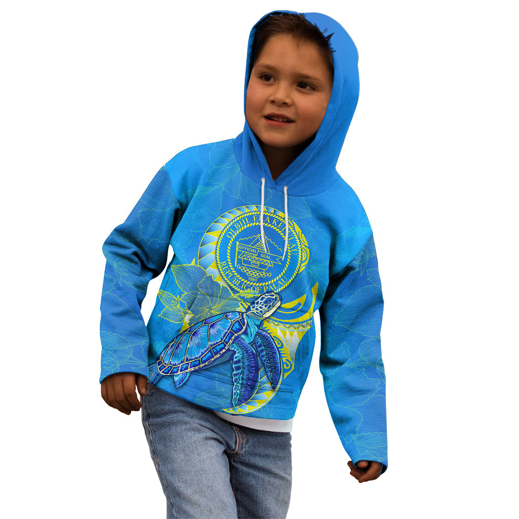 (Custom Personalised) Palau Kid Hoodie Hibiscus Turtle Mix Coat Of Arms Blue Version LT14 - Polynesian Pride