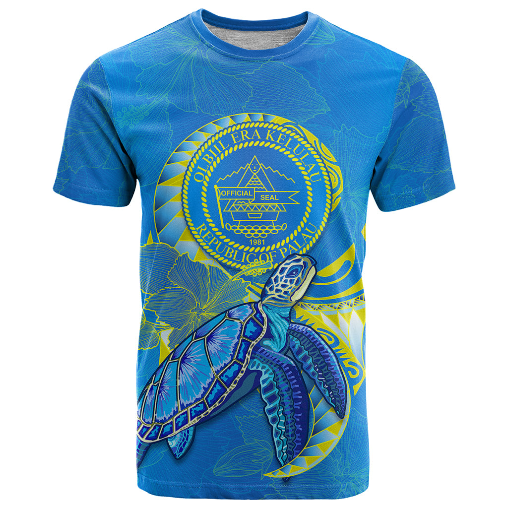 Custom Palau T Shirt Hibiscus Turtle Mix Coat of Arms Blue Version LT14 Blue - Polynesian Pride