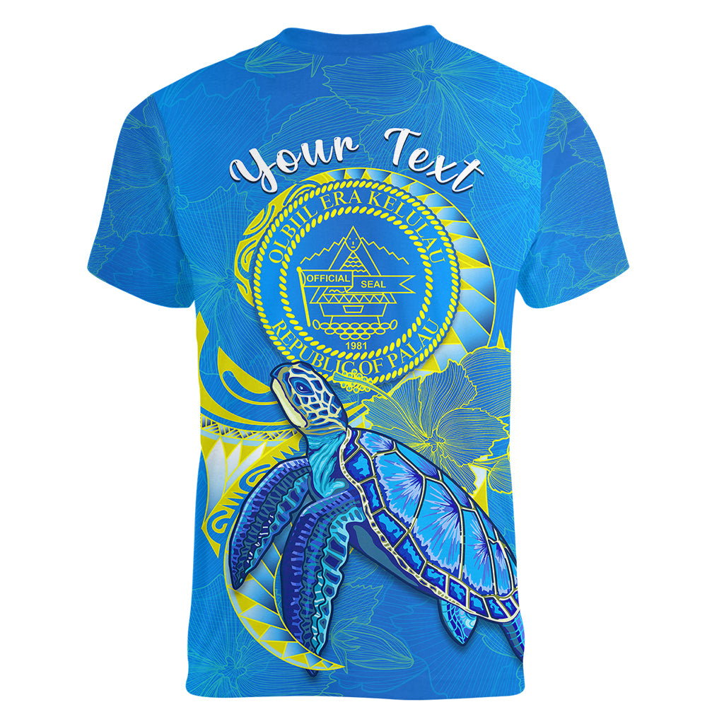 (Custom Personalised) Palau Women V Neck T Shirt Hibiscus Turtle Mix Coat Of Arms Blue Version LT14 - Polynesian Pride