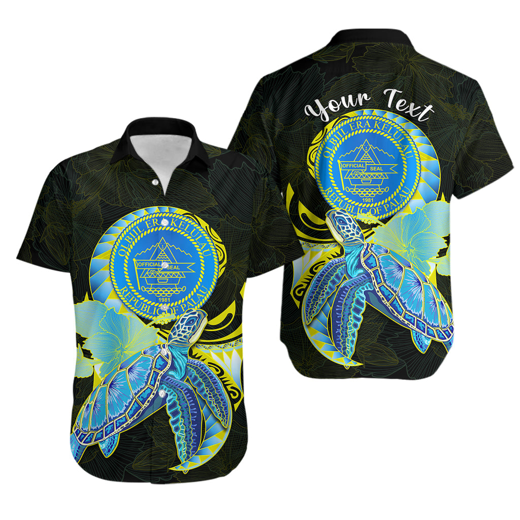 (Custom Personalised) Palau Hawaiian Shirt Hibiscus Turtle Mix Coat Of Arms Black Version LT14 Black - Polynesian Pride