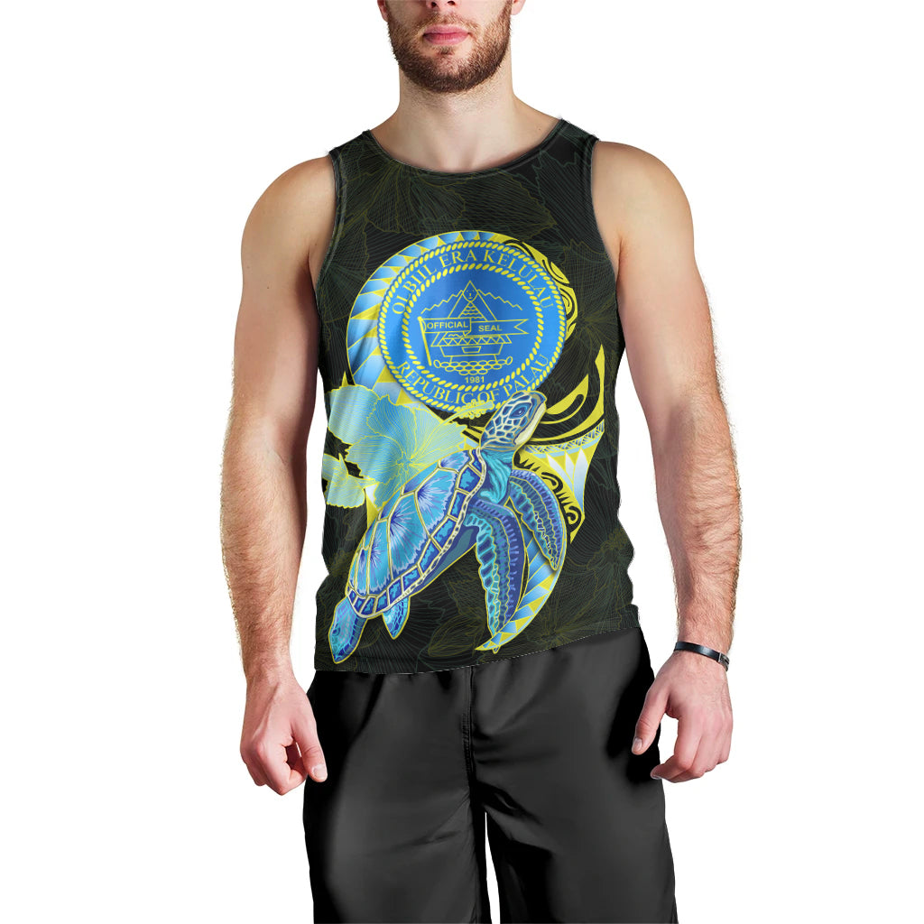 (Custom Personalised) Palau Men Tank Top Hibiscus Turtle Mix Coat Of Arms Black Version LT14 - Polynesian Pride