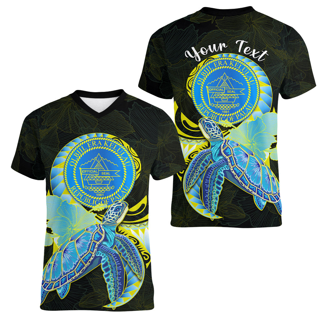 (Custom Personalised) Palau Women V Neck T Shirt Hibiscus Turtle Mix Coat Of Arms Black Version LT14 Female Black - Polynesian Pride