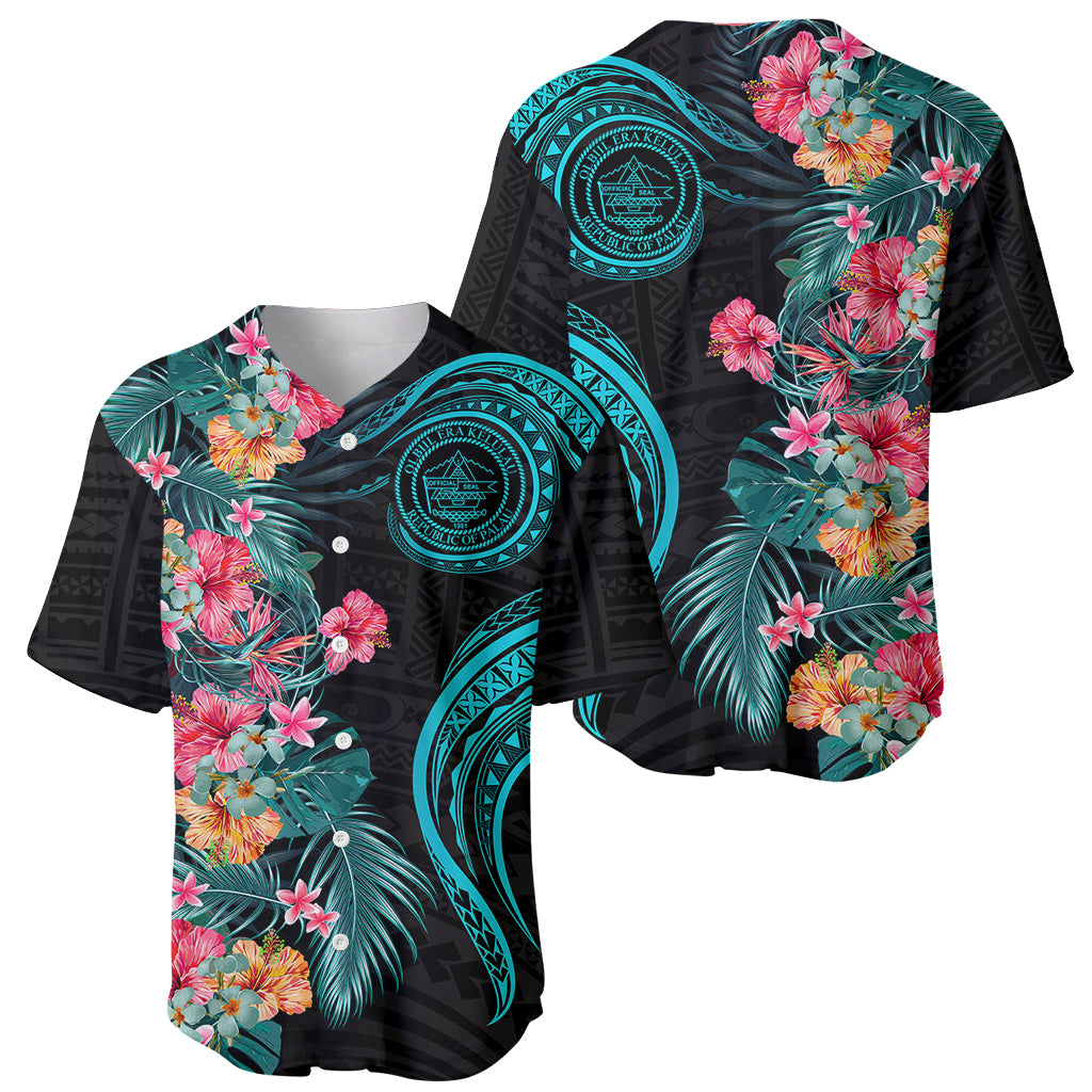 Palau Baseball Jersey Tropical Flowers With Polynesian Pattern LT14 Black - Polynesian Pride