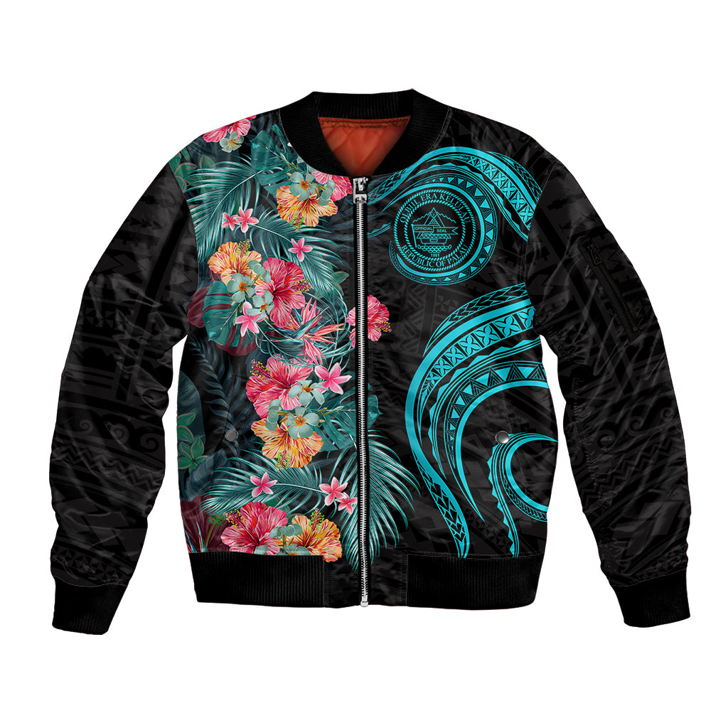 Palau Sleeve Zip Bomber Jacket Tropical Flowers With Polynesian Pattern LT14 Unisex Black - Polynesian Pride
