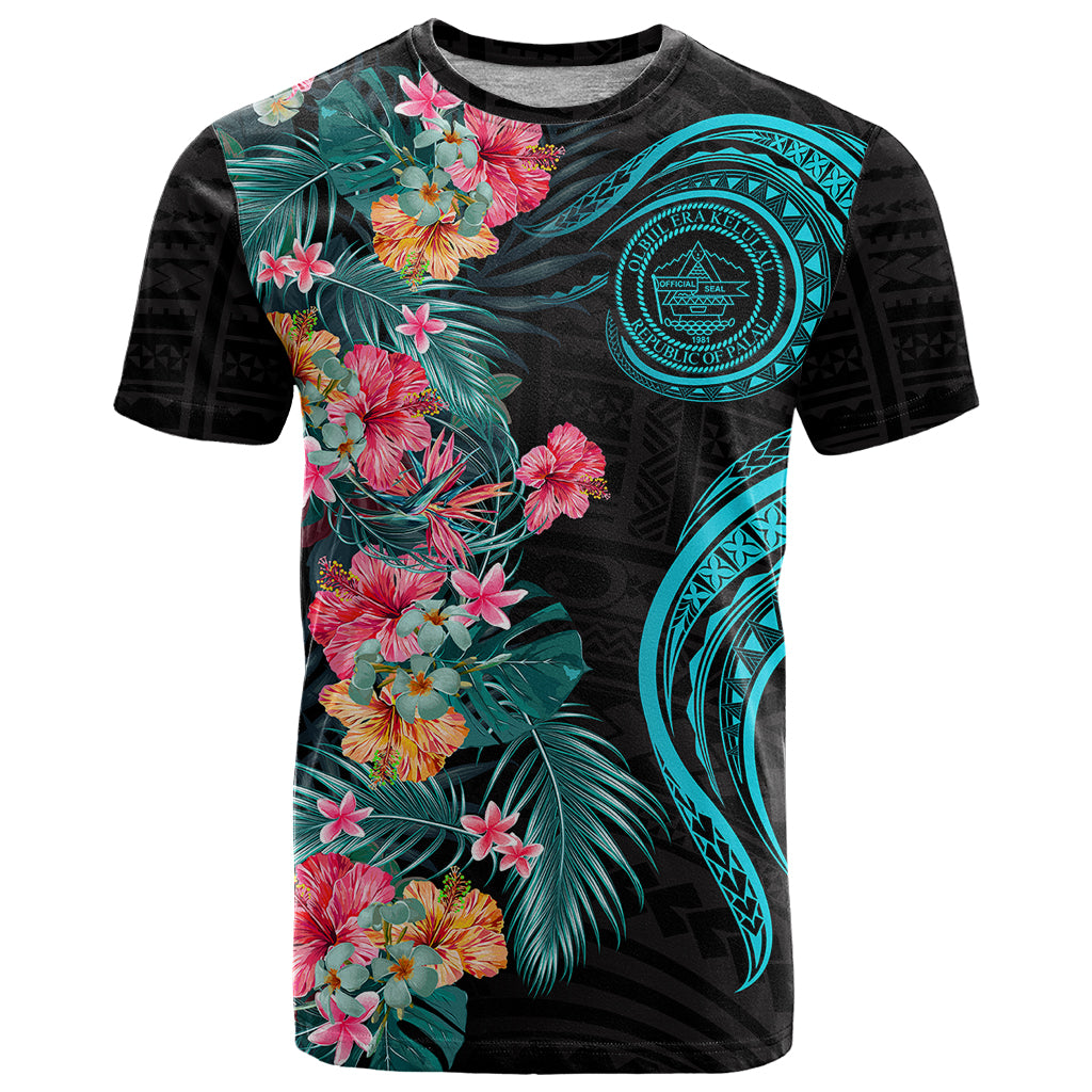 Palau T Shirt Tropical Flowers With Polynesian Pattern LT14 Black - Polynesian Pride