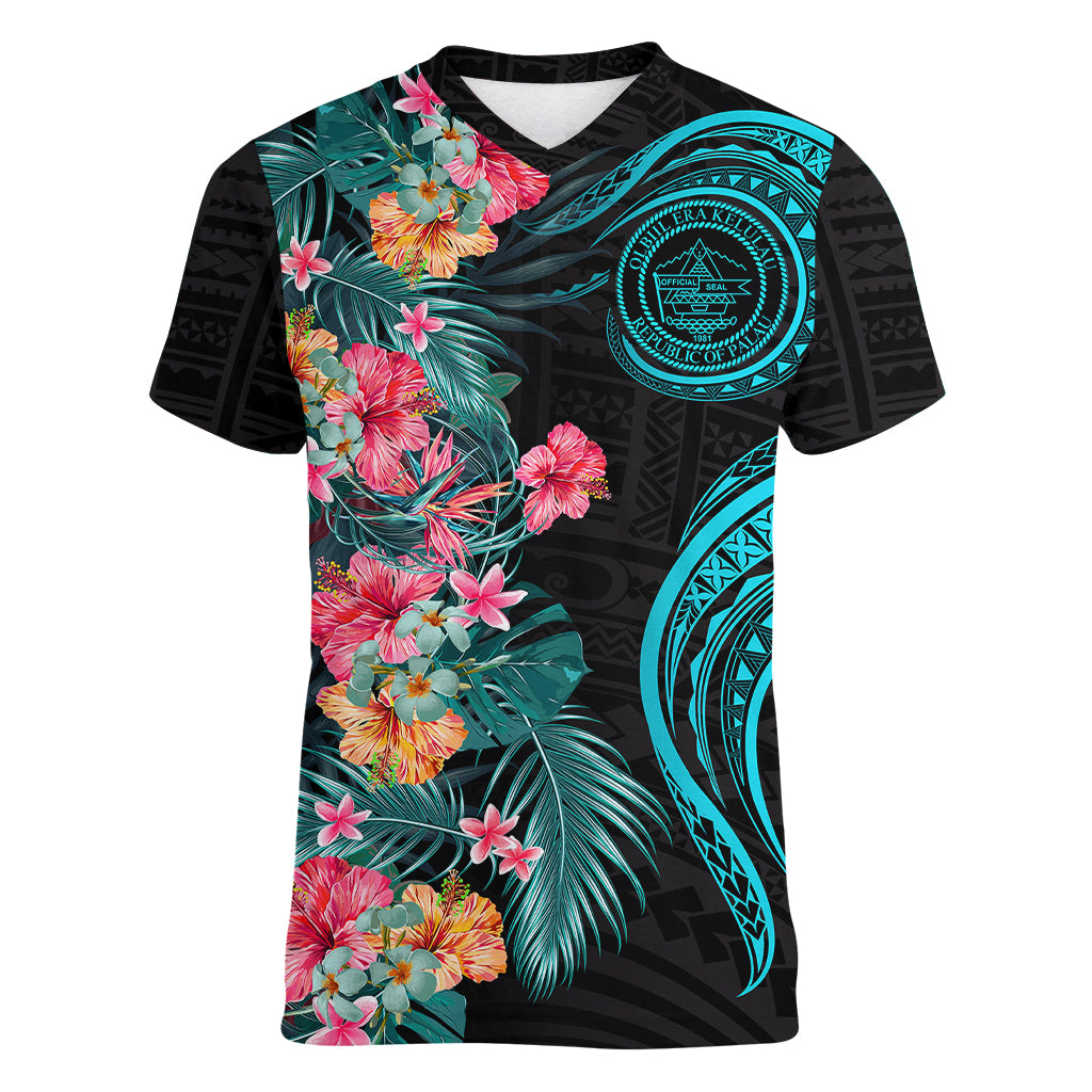 Palau Women V Neck T Shirt Tropical Flowers With Polynesian Pattern LT14 - Polynesian Pride