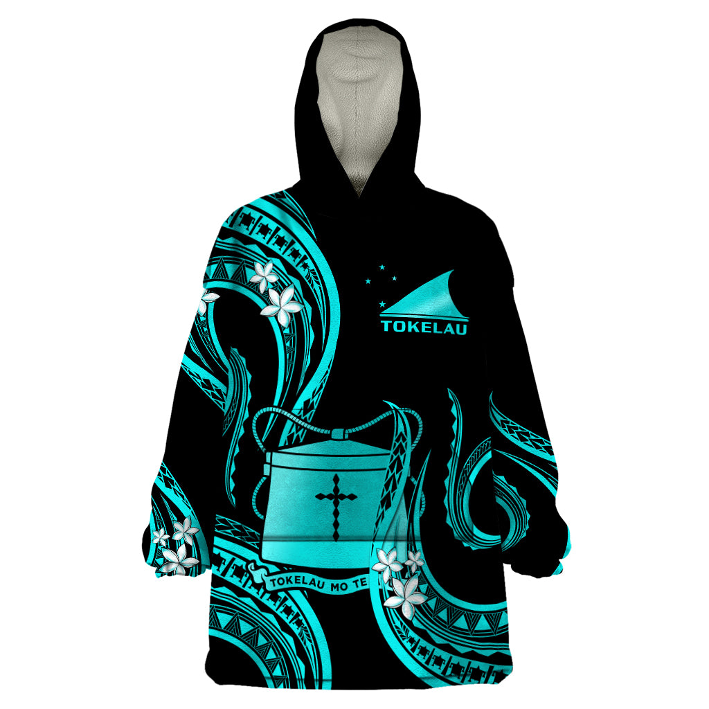 Tokelau Wearable Blanket Hoodie Tokelauan Tatau With Badge Light Turquoise LT14 One Size Turquoise - Polynesian Pride