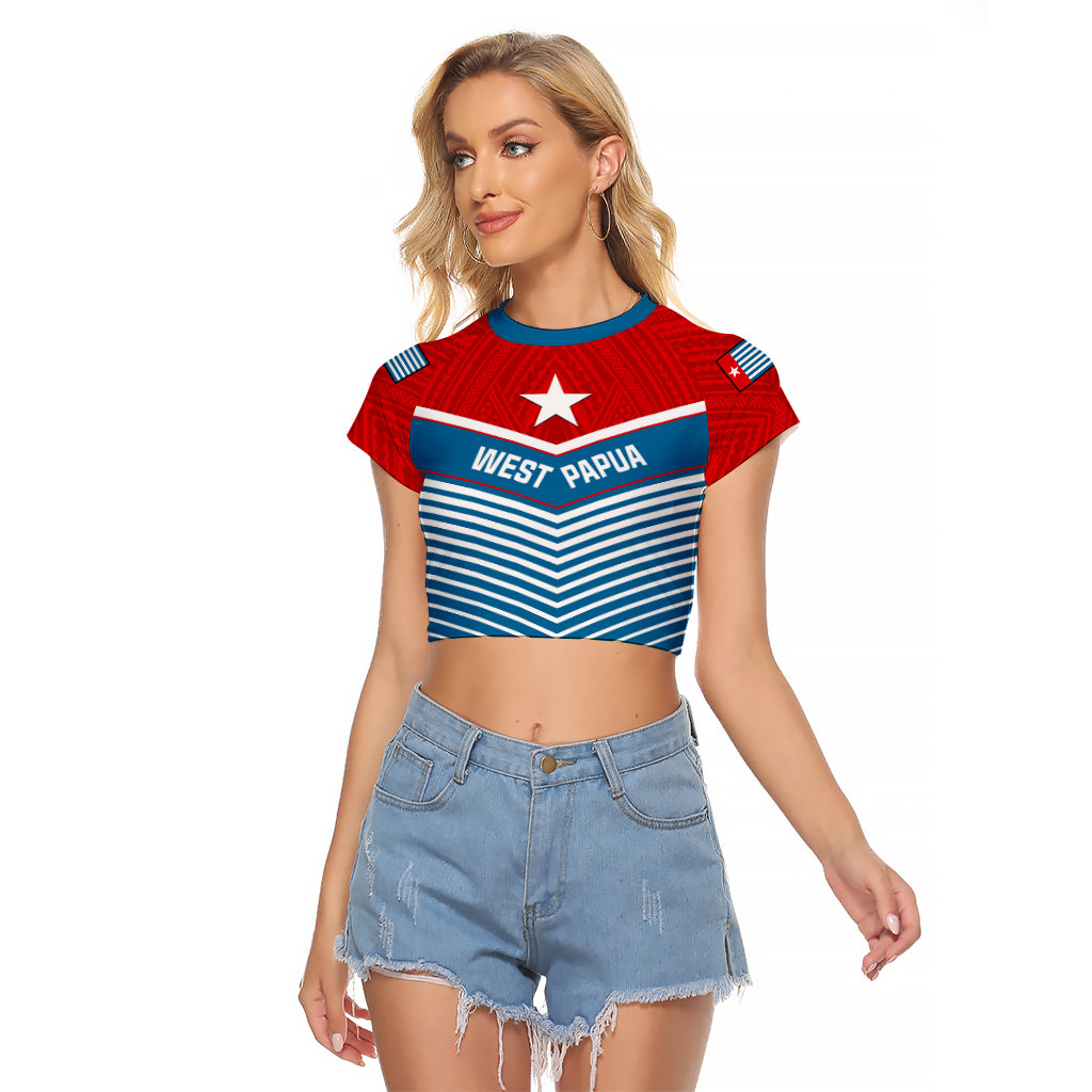 (Custom Personalised) West Papua Raglan Cropped T Shirt Coat Of Arms And Morning Star Flag LT14 Female Blue - Polynesian Pride