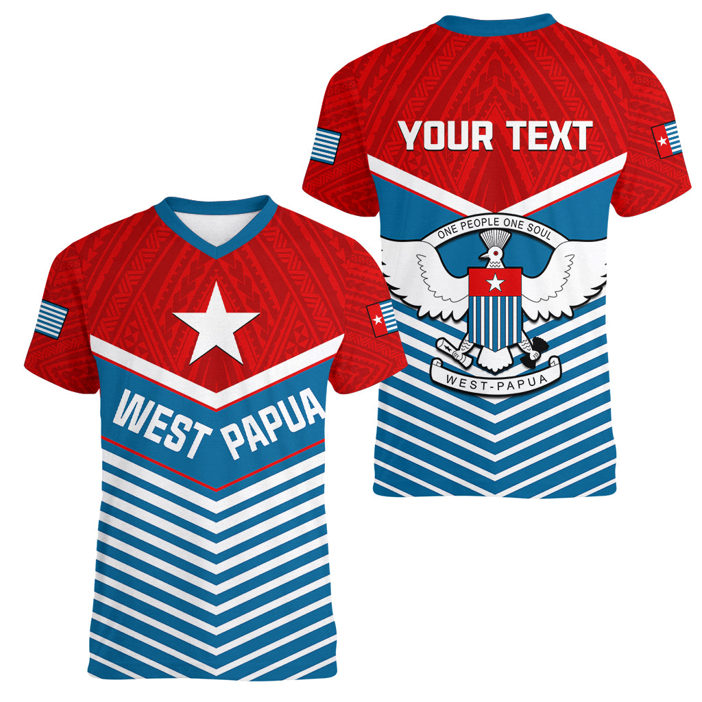 (Custom Personalised) West Papua Women V Neck T Shirt Coat Of Arms And Morning Star Flag LT14 Female Blue - Polynesian Pride