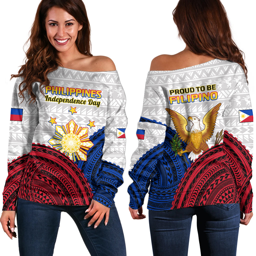 Philippines Independence Day Off Shoulder Sweater Proud To Be Filipino Polynesian Pattern LT14 Women White - Polynesian Pride