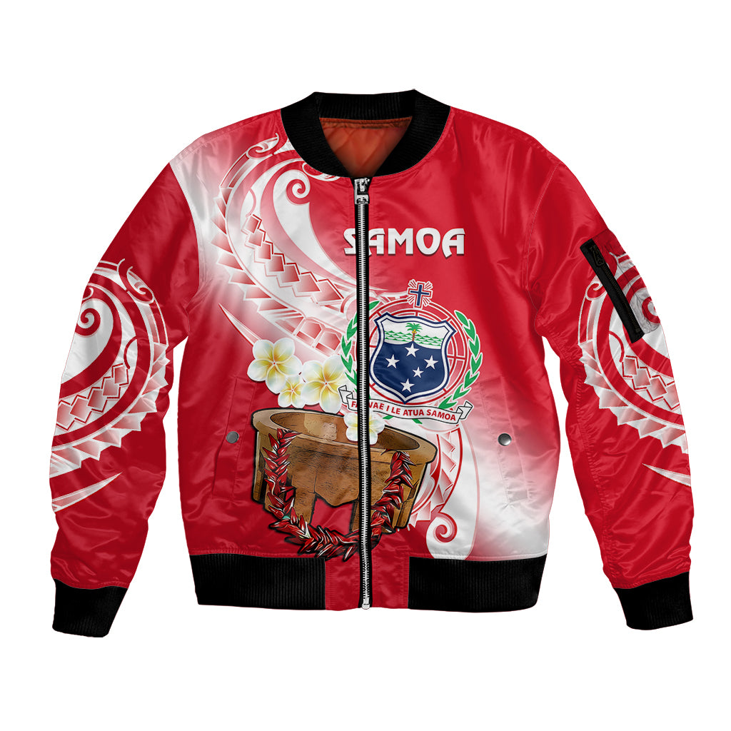 (Custom Personalised) Samoa Sleeve Zip Bomber Jacket Ula Fala Kava Bowl Plumeria Polynesian Red LT14 Unisex Red - Polynesian Pride