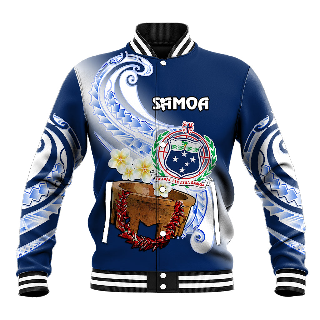 (Custom Personalised) Samoa Baseball Jacket Ula Fala Kava Bowl Plumeria Polynesian Blue LT14 Unisex Blue - Polynesian Pride