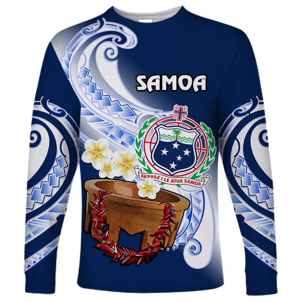 (Custom Personalised) Samoa Long Sleeve Shirt Ula Fala Kava Bowl Plumeria Polynesian Blue LT14 Unisex Blue - Polynesian Pride