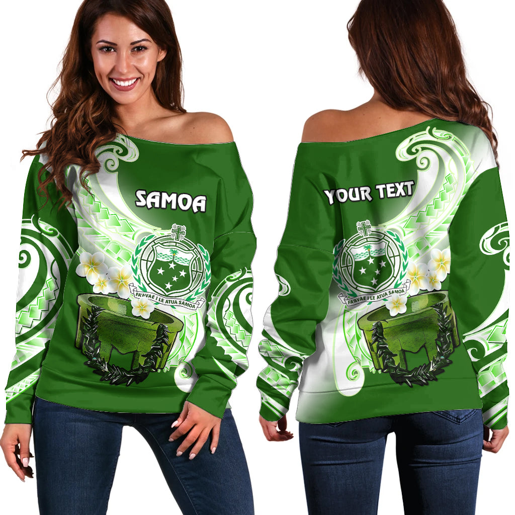 (Custom Personalised) Samoa Off Shoulder Sweater Ula Fala Kava Bowl Plumeria Polynesian Green LT14 Women Green - Polynesian Pride