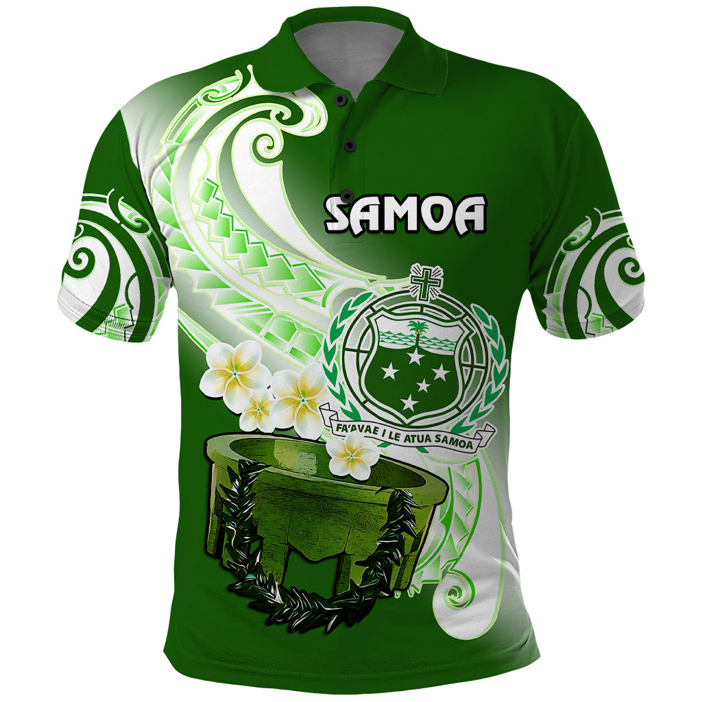 Custom Samoa Polo Shirt Ula Fala Kava Bowl Plumeria Polynesian Green LT14 Green - Polynesian Pride