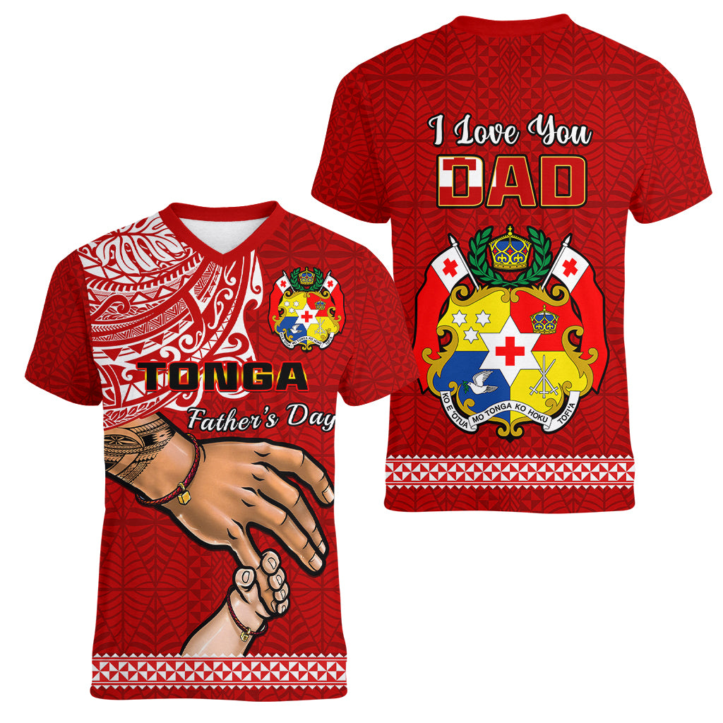 Tonga Fathers Day Women V Neck T Shirt Red Tongan Ngatu I Love You Dad LT14 Female Red - Polynesian Pride