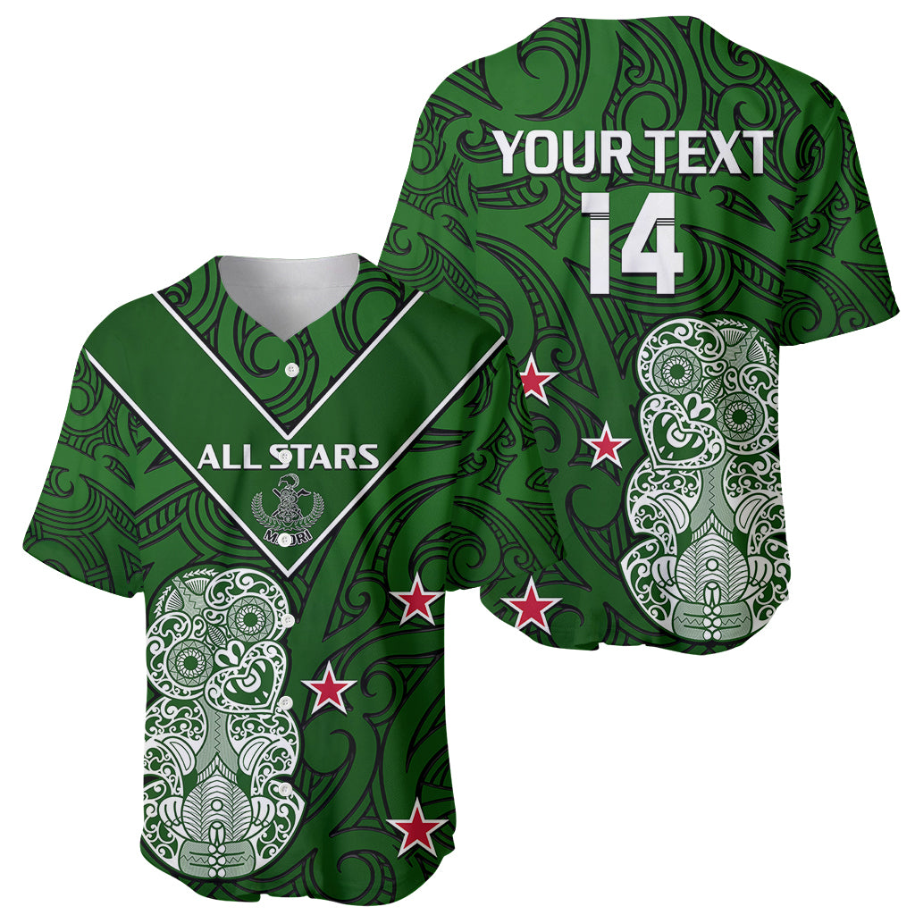 (Custom Text And Number) Aotearoa Rugby Baseball Jersey All Stars New Zealand Tiki Maori LT14 Green - Polynesian Pride