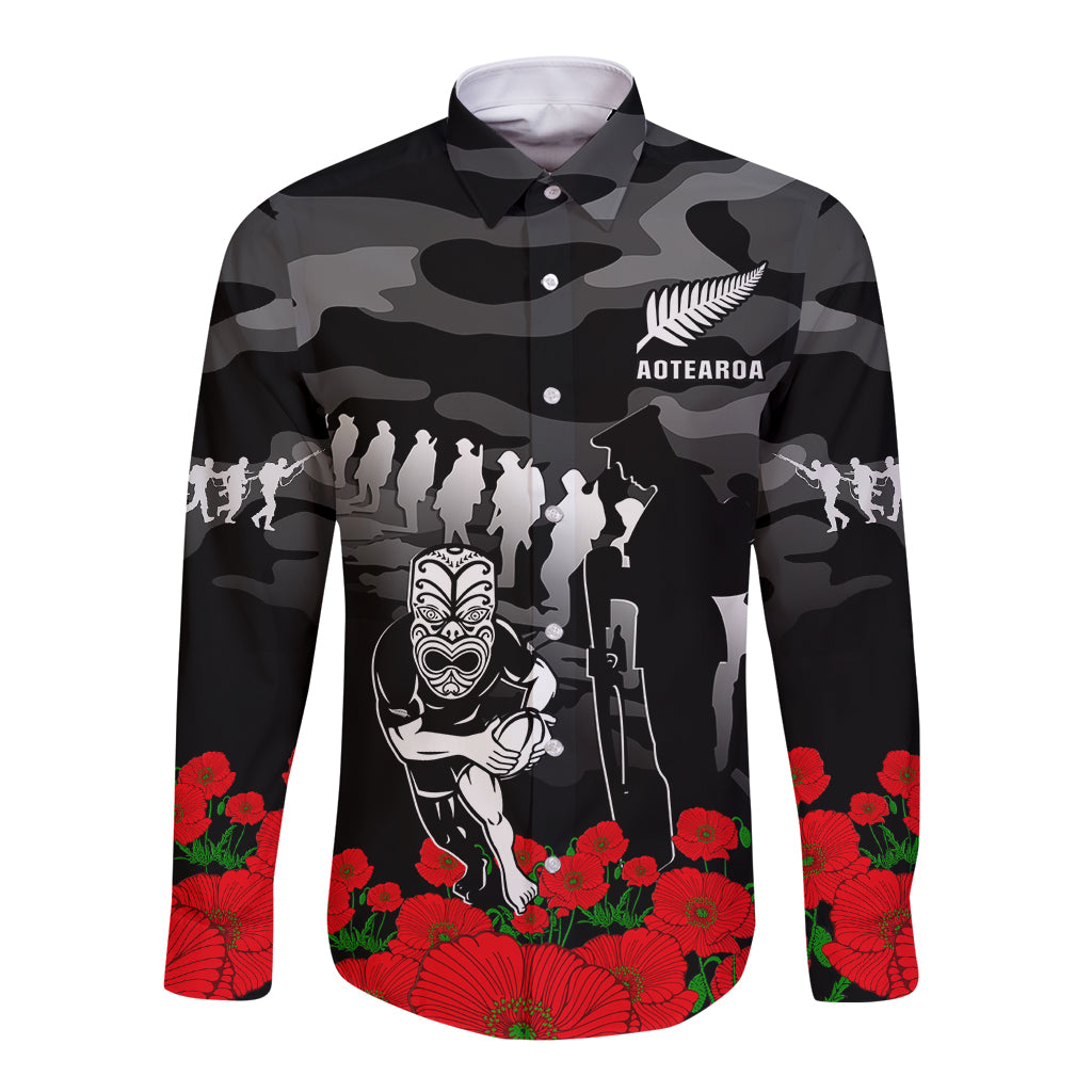 New Zealand ANZAC Rugby Long Sleeve Button Shirt Silver Fern All Black Camouflage Mix Poppy LT14 Unisex Black - Polynesian Pride