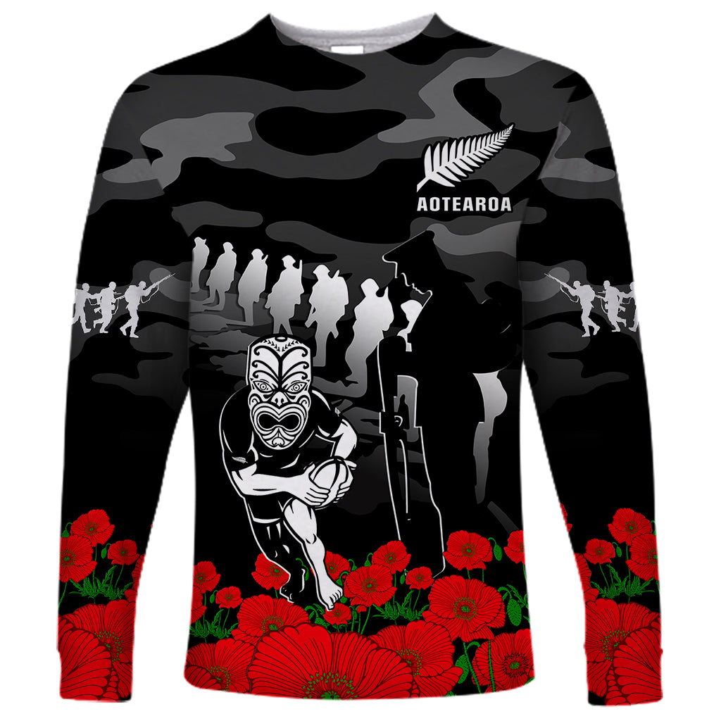 New Zealand ANZAC Rugby Long Sleeve Shirt Silver Fern All Black Camouflage Mix Poppy LT14 Unisex Black - Polynesian Pride