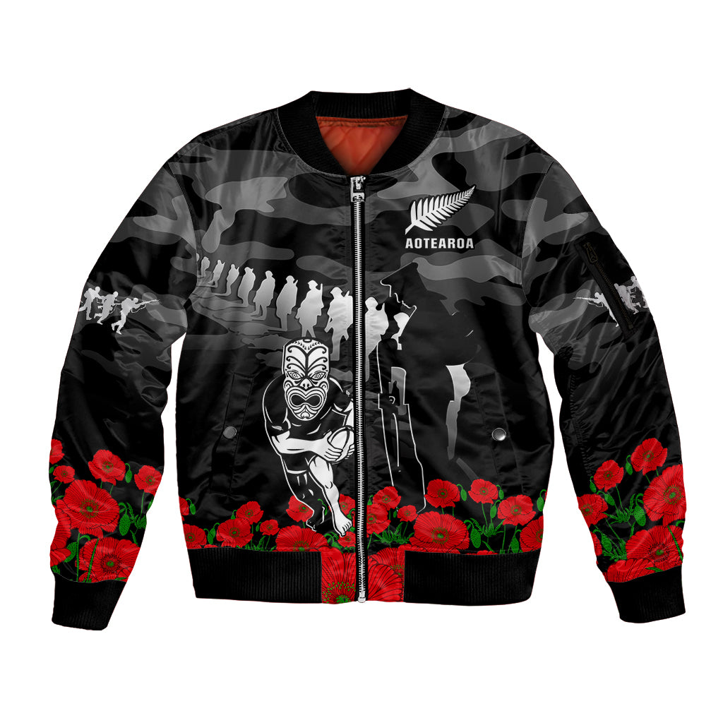 New Zealand ANZAC Rugby Sleeve Zip Bomber Jacket Silver Fern All Black Camouflage Mix Poppy LT14 Unisex Black - Polynesian Pride