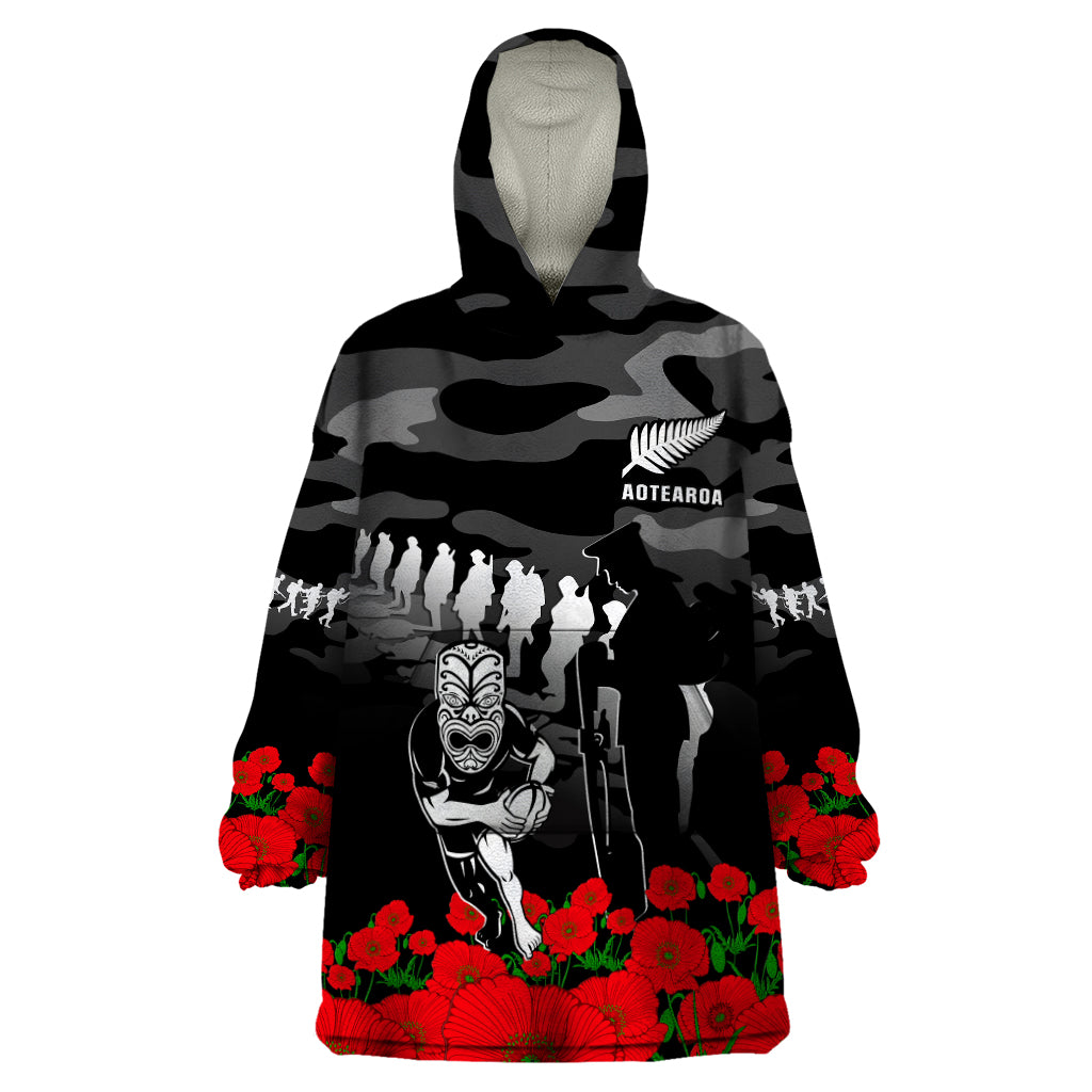 New Zealand ANZAC Rugby Wearable Blanket Hoodie Silver Fern All Black Camouflage Mix Poppy LT14 One Size Black - Polynesian Pride