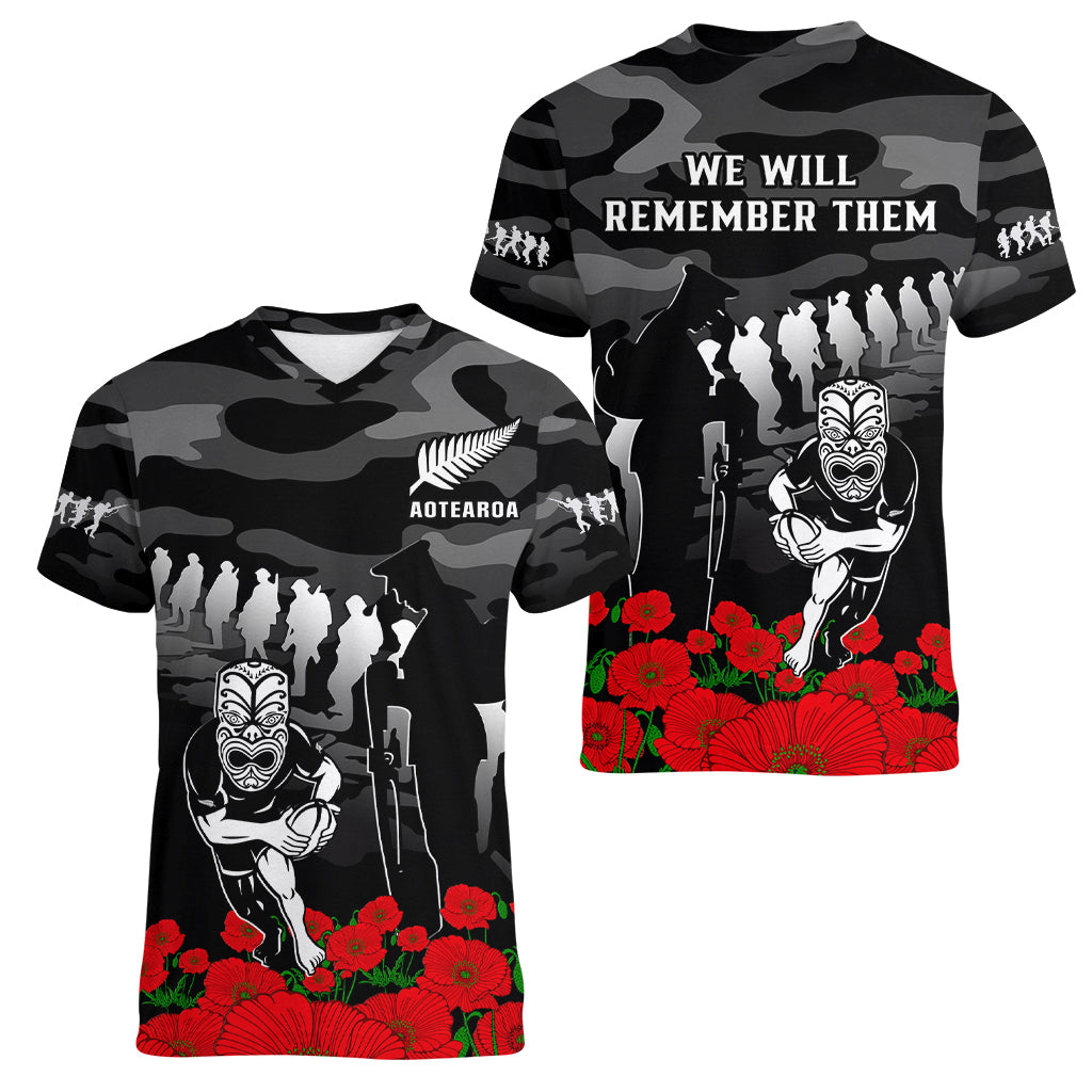 New Zealand ANZAC Rugby Women V Neck T Shirt Silver Fern All Black Camouflage Mix Poppy LT14 Female Black - Polynesian Pride