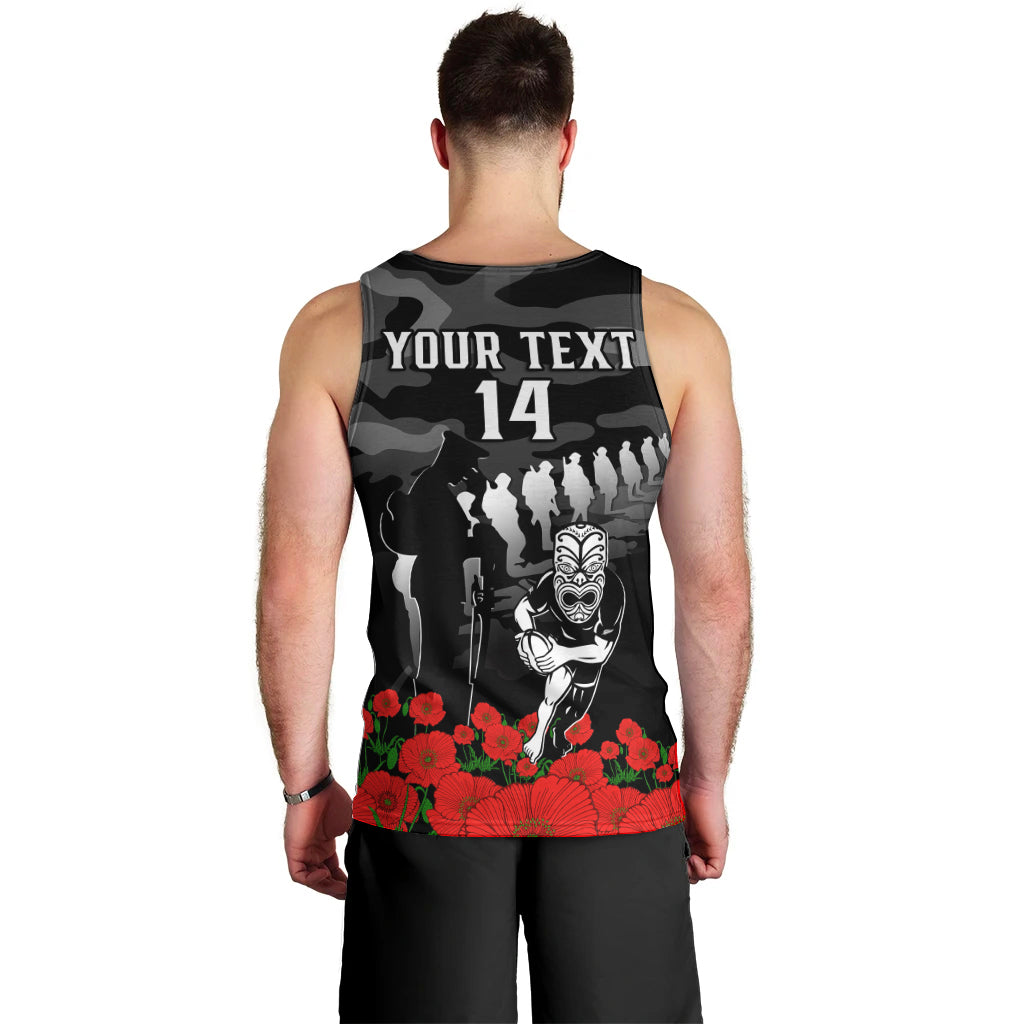 (Custom Text And Number) New Zealand ANZAC Rugby Men Tank Top Silver Fern All Black Camouflage Mix Poppy LT14 - Polynesian Pride