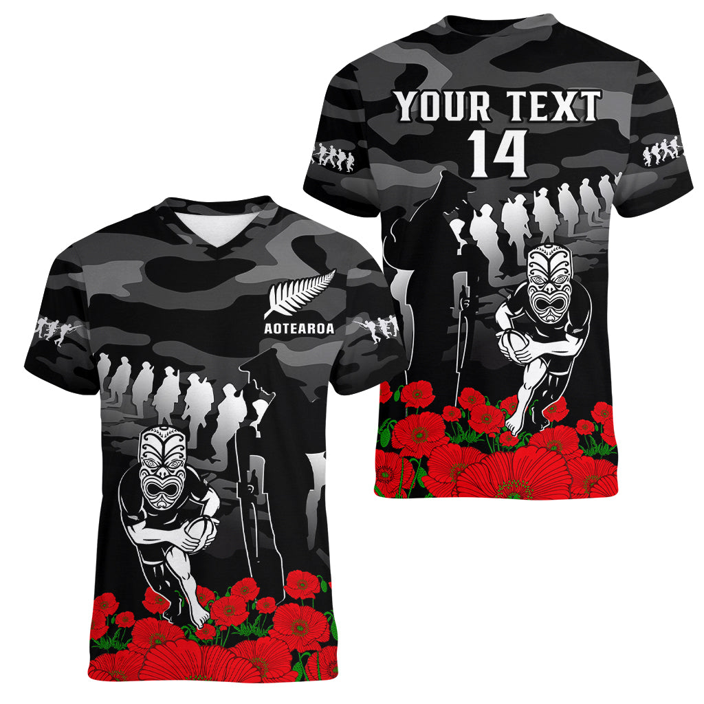 (Custom Text And Number) New Zealand ANZAC Rugby Women V Neck T Shirt Silver Fern All Black Camouflage Mix Poppy LT14 Female Black - Polynesian Pride