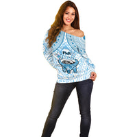 Fiji Tanoa Off Shoulder Sweater Kava Bowl Fijian Tapa Blue Pattern LT14 - Polynesian Pride