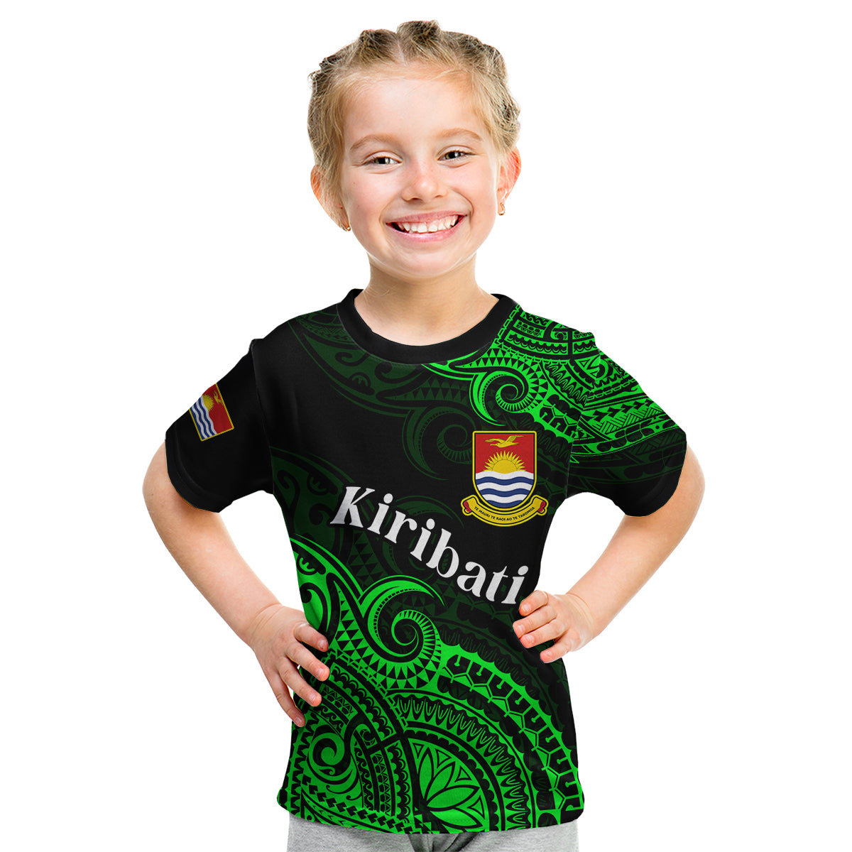 (Custom Personalised) Ribaberiki Kiribati Coat Of Arms Mix Green Polynesian Kid T Shirt LT14 Youth XL Size14 - Polynesian Pride