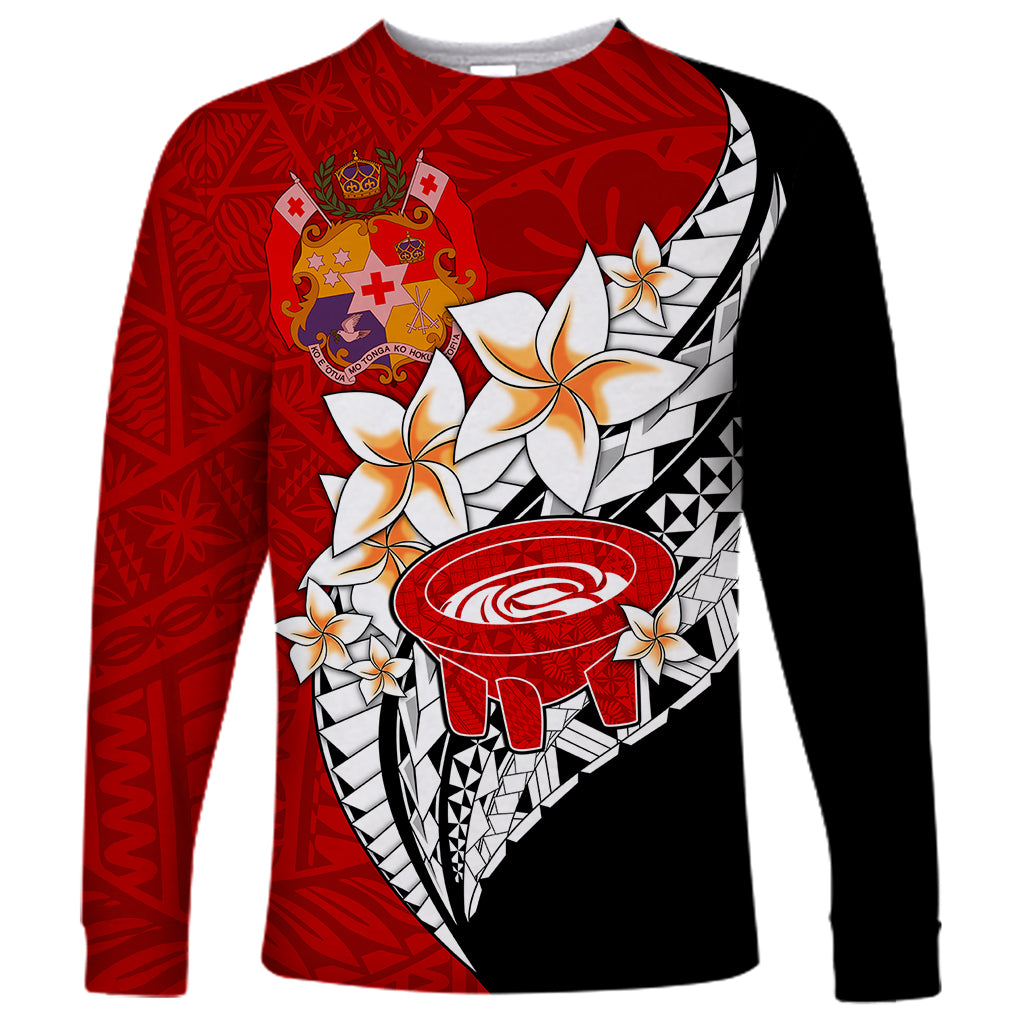 Tonga Kava Bowl Long Sleeve Shirt Tongan Kupesi Ngatu Pattern Black LT14 Unisex Red - Polynesian Pride