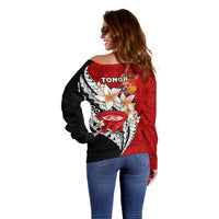 Tonga Kava Bowl Off Shoulder Sweater Tongan Kupesi Ngatu Pattern Black LT14 - Polynesian Pride