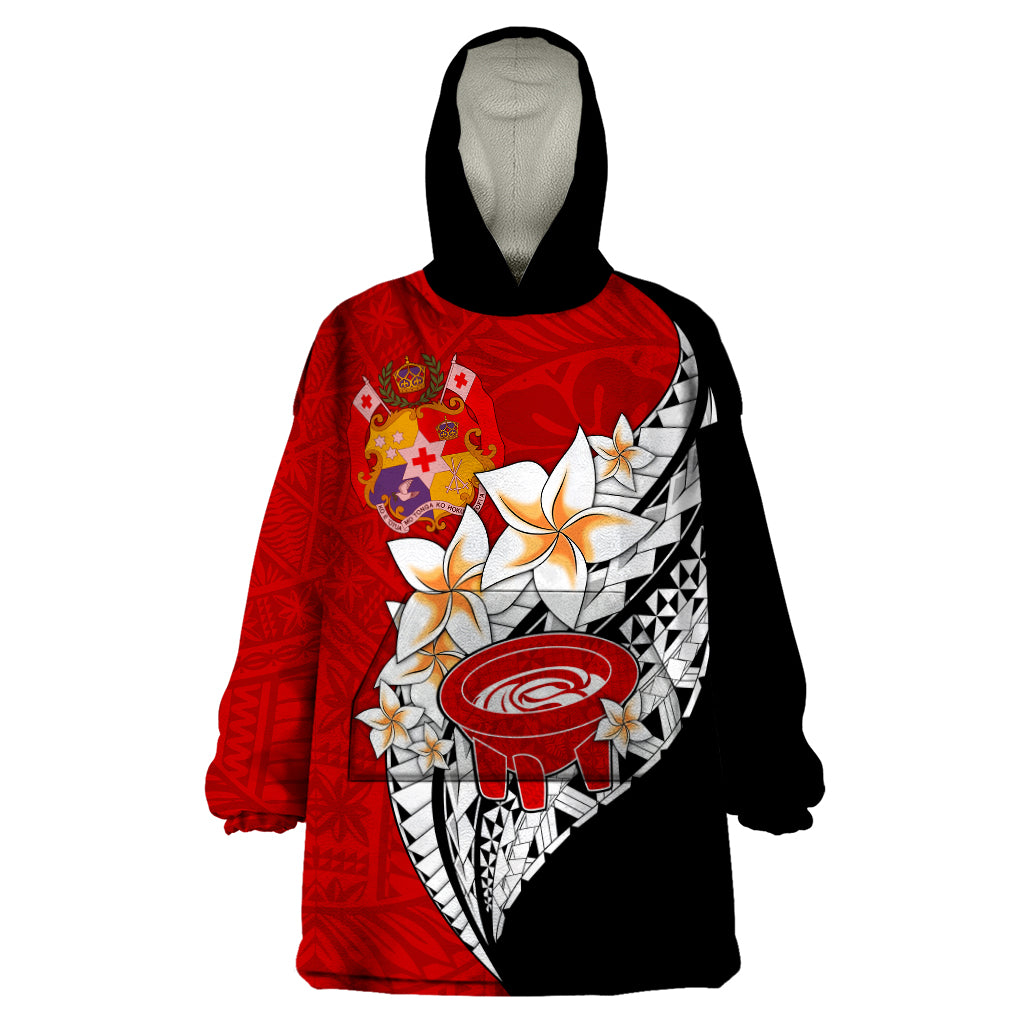 Tonga Kava Bowl Wearable Blanket Hoodie Tongan Kupesi Ngatu Pattern Black LT14 One Size Red - Polynesian Pride