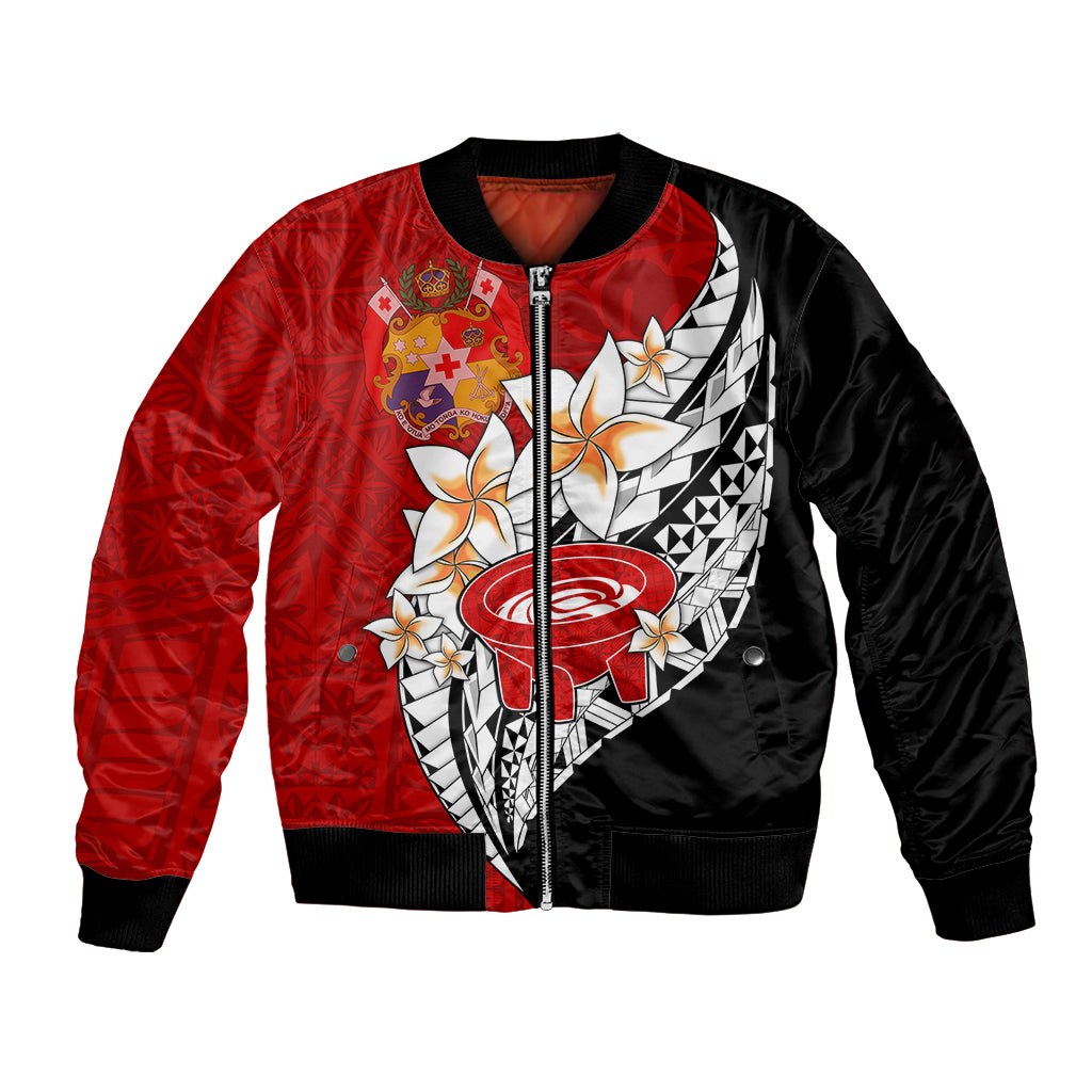 (Custom Personalised) Tonga Kava Bowl Bomber Jacket Tongan Kupesi Ngatu Pattern Black LT14 Unisex Red - Polynesian Pride